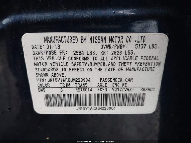 Aukcja sprzedaży 2018 Infiniti Q70 3.7x Luxe, vin: JN1BY1AR0JM220904, numer aukcji: 44576424