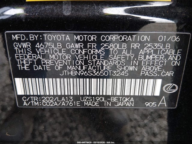 44576429 :رقم المزاد ، JTHBN96S365013245 vin ، 2006 Lexus Gs 430 مزاد بيع