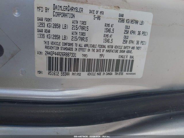 Aukcja sprzedaży 2006 Chrysler Town & Country Lx, vin: 2A4GP44R26R887331, numer aukcji: 44576436