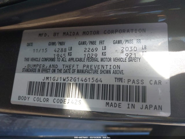 Продаж на аукціоні авто 2016 Mazda Mazda6 I Grand Touring, vin: JM1GJ1W52G1461564, номер лоту: 44576451