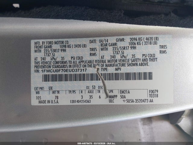 44576478 :رقم المزاد ، 1FMCU0F70EUD37317 vin ، 2014 Ford Escape S مزاد بيع