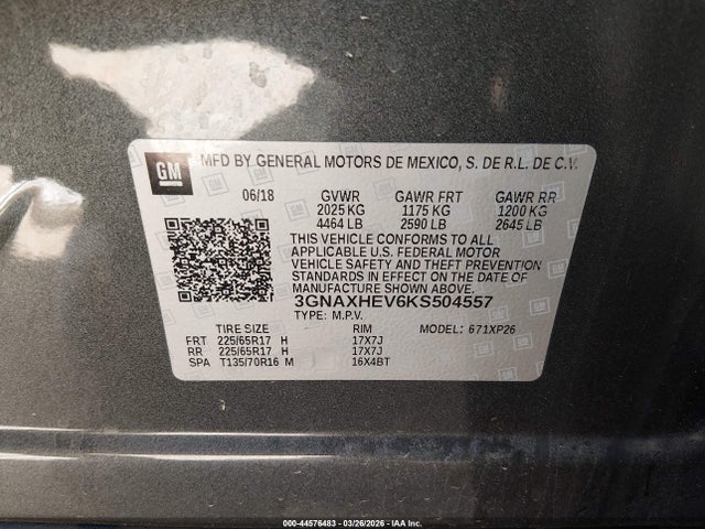 Aukcja sprzedaży 2019 Chevrolet Equinox Ls, vin: 3GNAXHEV6KS504557, numer aukcji: 44576483