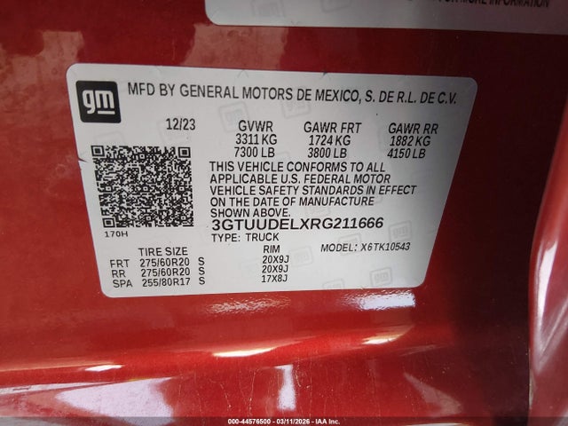 Продажа на аукционе авто 2024 Gmc Sierra 1500 4wd  Short Box Slt, vin: 3GTUUDELXRG211666, номер лота: 44576500