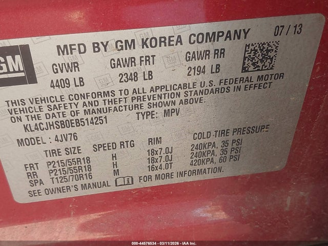 44576534 :رقم المزاد ، KL4CJHSB0EB514251 vin ، 2014 Buick Encore Premium مزاد بيع