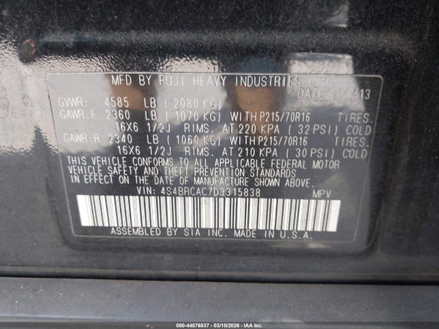 2013 Subaru Outback 2.5i მანქანა იყიდება აუქციონზე, vin: 4S4BRCAC7D3315838, აუქციონის ნომერი: 44576537
