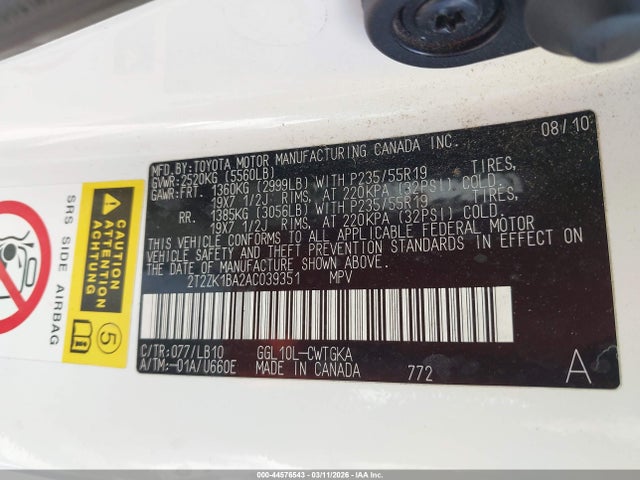 44576543 :رقم المزاد ، 2T2ZK1BA2AC039351 vin ، 2010 Lexus Rx 350 مزاد بيع