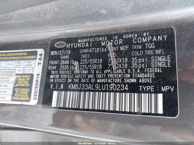 2020 Hyundai Tucson Sel მანქანა იყიდება აუქციონზე, vin: KM8J33AL9LU190234, აუქციონის ნომერი: 44576547
