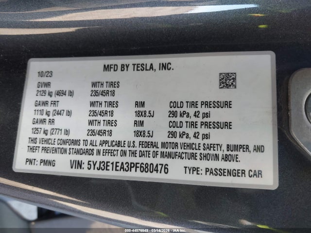 Aukcja sprzedaży 2023 Tesla Model 3 Rear-wheel Drive, vin: 5YJ3E1EA3PF680476, numer aukcji: 44576549
