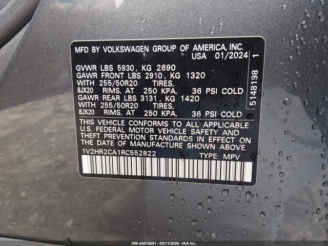 44576551 :رقم المزاد ، 1V2HR2CA1RC552822 vin ، 2024 Volkswagen Atlas 2.0t Se W/technology مزاد بيع