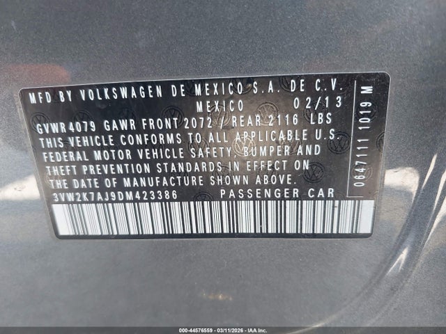 2013 Volkswagen Jetta 2.0l S მანქანა იყიდება აუქციონზე, vin: 3VW2K7AJ9DM423386, აუქციონის ნომერი: 44576559