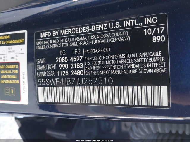 44576589 :رقم المزاد ، 55SWF4JB7JU252510 vin ، 2018 Mercedes-benz C 300 مزاد بيع