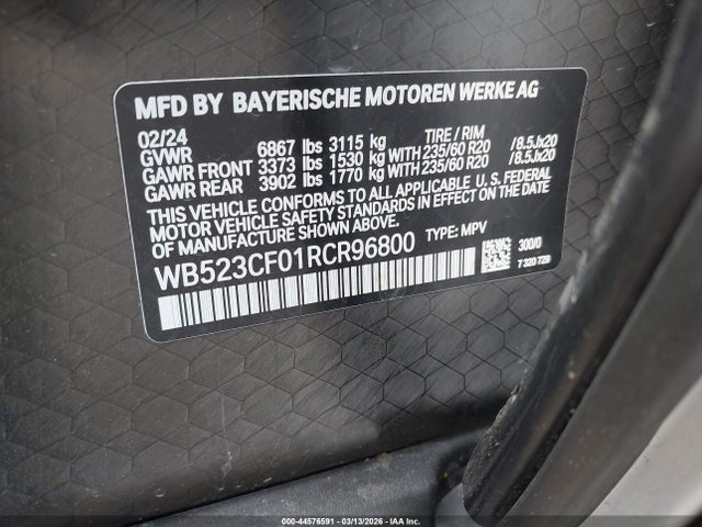 44576591 :رقم المزاد ، WB523CF01RCR96800 vin ، 2024 Bmw Ix Xdrive50 مزاد بيع