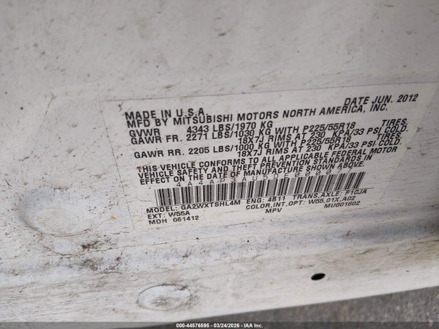 44576595 :رقم المزاد ، 4A4AP3AU5DE000077 vin ، 2013 Mitsubishi Outlander Sport Es مزاد بيع