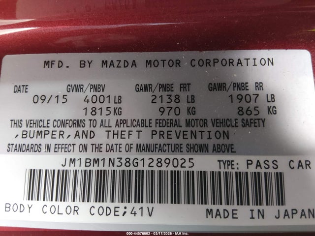 44576602 :رقم المزاد ، JM1BM1N38G1289025 vin ، 2016 Mazda Mazda3 S Grand Touring مزاد بيع