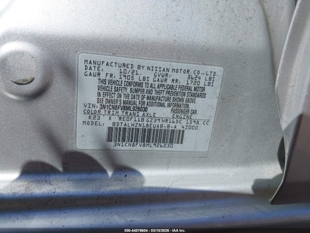 Продажа на аукционе авто 2021 Nissan Versa Sr Xtronic Cvt, vin: 3N1CN8FV8ML926030, номер лота: 44576604