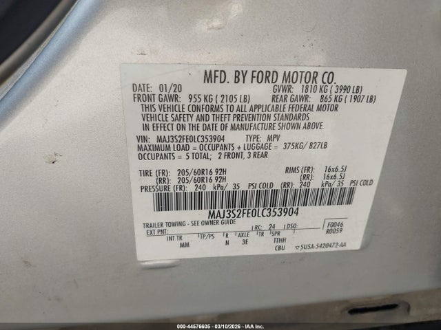 44576605 :رقم المزاد ، MAJ3S2FE0LC353904 vin ، 2020 Ford Ecosport S مزاد بيع