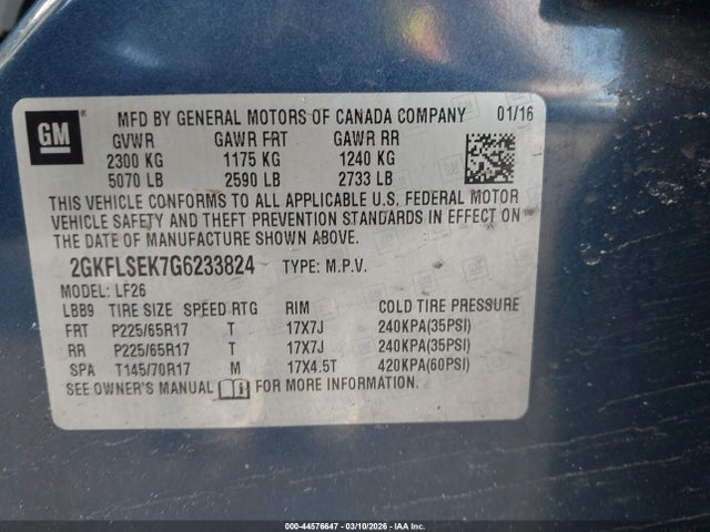 44576647 :رقم المزاد ، 2GKFLSEK7G6233824 vin ، 2016 Gmc Terrain Sle-1 مزاد بيع