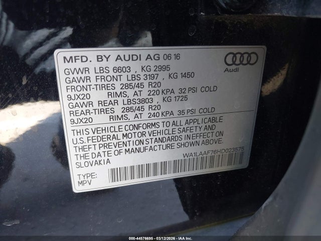 44576695 :رقم المزاد ، WA1LAAF76HD023575 vin ، 2017 Audi Q7 3.0t Premium مزاد بيع