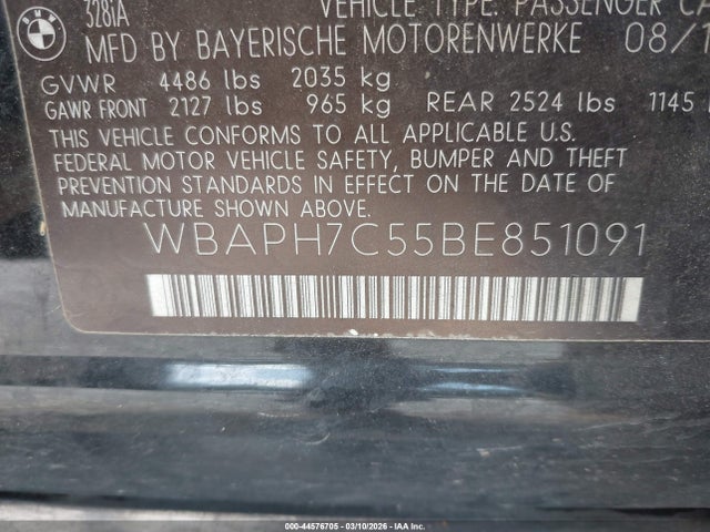 44576705 :رقم المزاد ، WBAPH7C55BE851091 vin ، 2011 Bmw 328i مزاد بيع
