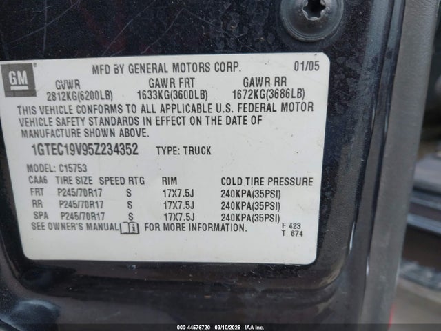 Продаж на аукціоні авто 2005 Gmc Sierra 1500 Sle, vin: 1GTEC19V95Z234352, номер лоту: 44576720