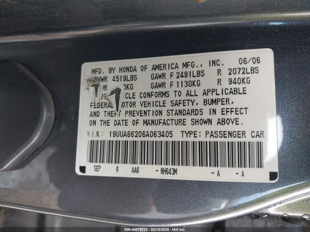 Aukcja sprzedaży 2006 Acura Tl, vin: 19UUA66206A063405, numer aukcji: 44576732