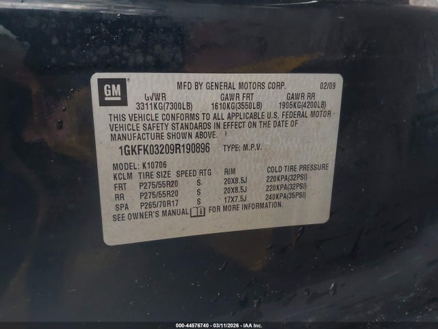 44576740 :رقم المزاد ، 1GKFK03209R190896 vin ، 2009 Gmc Yukon Denali مزاد بيع