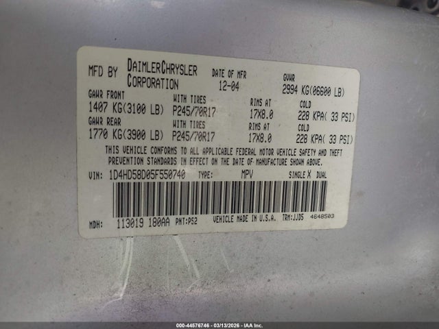 44576746 :رقم المزاد ، 1D4HD58D05F550740 vin ، 2005 Dodge Durango Limited مزاد بيع