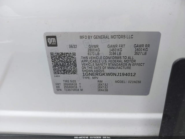 Продажа на аукционе авто 2022 Chevrolet Traverse Fwd Lt Cloth, vin: 1GNERGKW0NJ194012, номер лота: 44576749