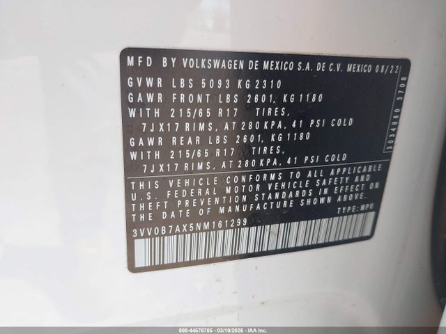 3VV0B7AX5NM161299 Volkswagen Tiguan 2.0t S
