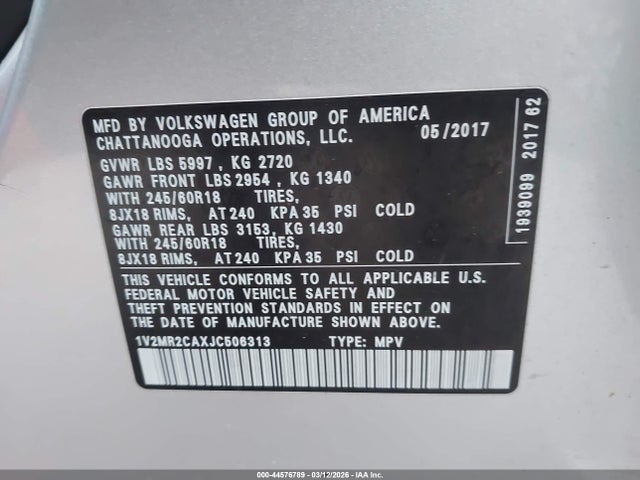 44576789 :رقم المزاد ، 1V2MR2CAXJC506313 vin ، 2018 Volkswagen Atlas 3.6l V6 Sel مزاد بيع