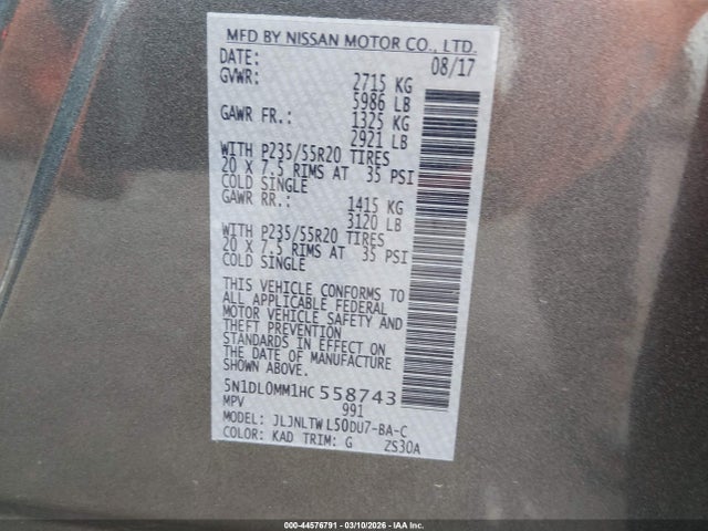 Aukcja sprzedaży 2017 Infiniti Qx60, vin: 5N1DL0MM1HC558743, numer aukcji: 44576791