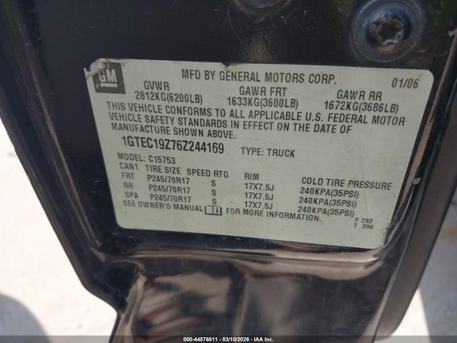 44576811 :رقم المزاد ، 1GTEC19Z76Z244169 vin ، 2006 Gmc Sierra 1500 Sle1 مزاد بيع