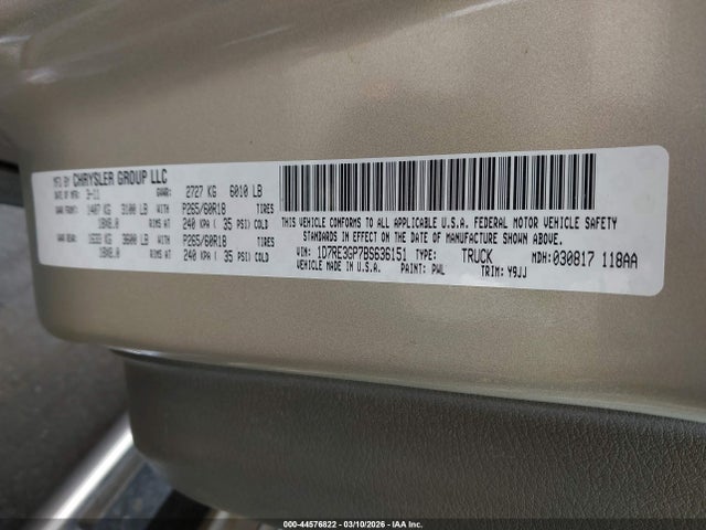 Продажа на аукционе авто 2011 Ram Dakota Bighorn/lonestar, vin: 1D7RE3GP7BS636151, номер лота: 44576822