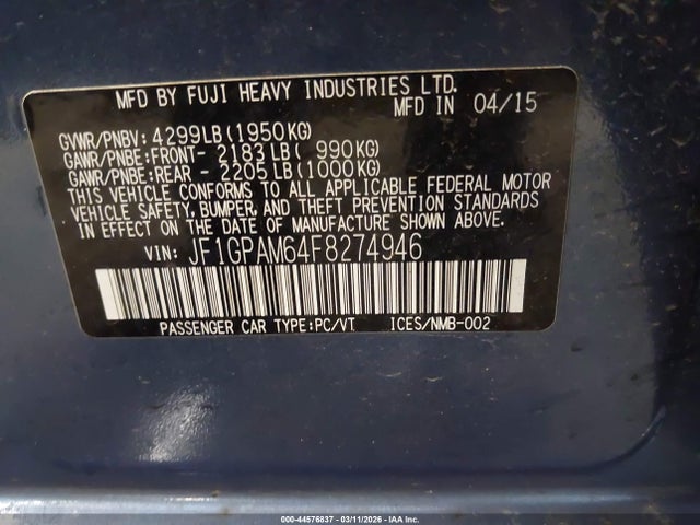 44576837 :رقم المزاد ، JF1GPAM64F8274946 vin ، 2015 Subaru Impreza 2.0i Limited مزاد بيع