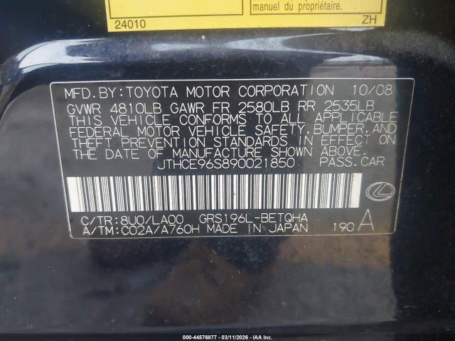 Aukcja sprzedaży 2009 Lexus Gs 350, vin: JTHCE96S890021850, numer aukcji: 44576877