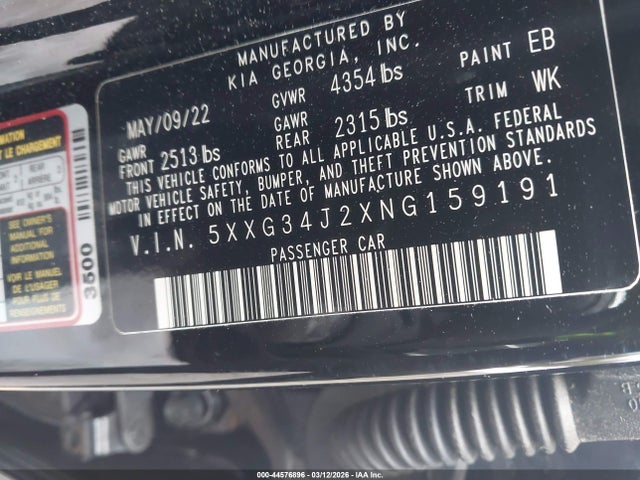 44576896 :رقم المزاد ، 5XXG34J2XNG159191 vin ، 2022 Kia K5 Ex مزاد بيع