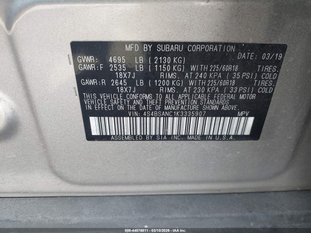 2019 Subaru Outback 2.5i Limited მანქანა იყიდება აუქციონზე, vin: 4S4BSANC1K3335907, აუქციონის ნომერი: 44576911