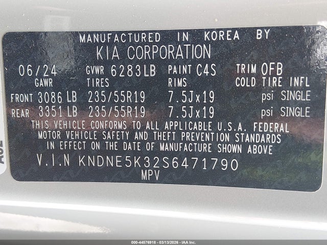 Aukcja sprzedaży 2025 Kia Carnival Mpv Sx Prestige, vin: KNDNE5K32S6471790, numer aukcji: 44576918
