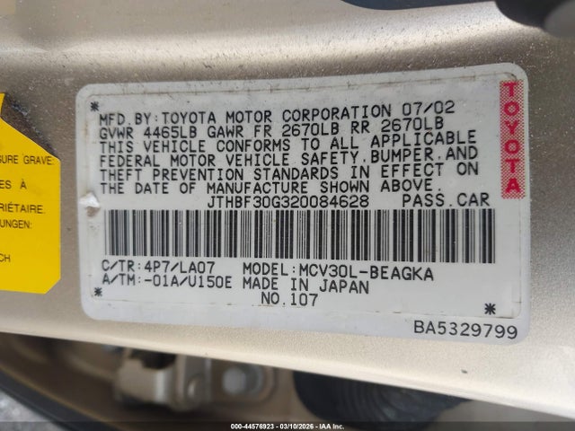 Aukcja sprzedaży 2002 Lexus Es 300, vin: JTHBF30G320084628, numer aukcji: 44576923