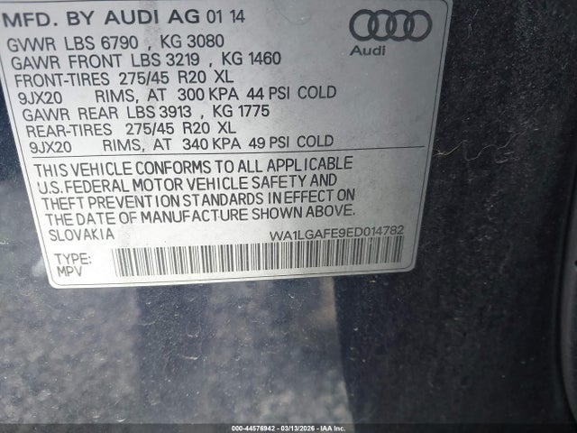 2014 Audi Q7 3.0t Premium მანქანა იყიდება აუქციონზე, vin: WA1LGAFE9ED014782, აუქციონის ნომერი: 44576942