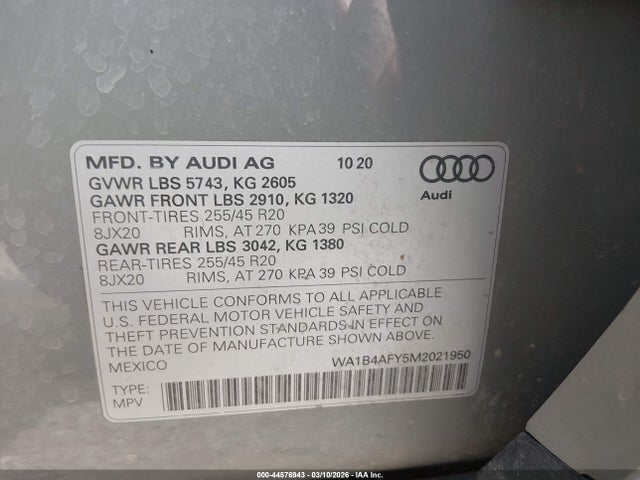 Продажа на аукционе авто 2021 Audi Sq5 Premium Plus Tfsi Quattro Tiptronic, vin: WA1B4AFY5M2021950, номер лота: 44576943