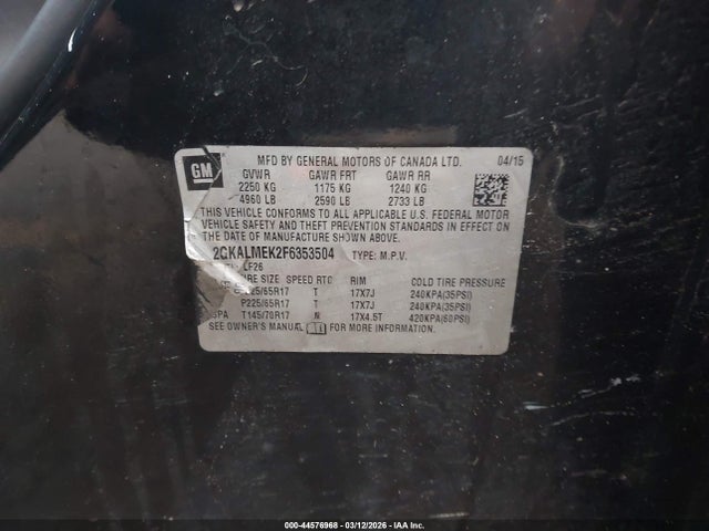 Aukcja sprzedaży 2015 Gmc Terrain Sle-1, vin: 2GKALMEK2F6353504, numer aukcji: 44576968