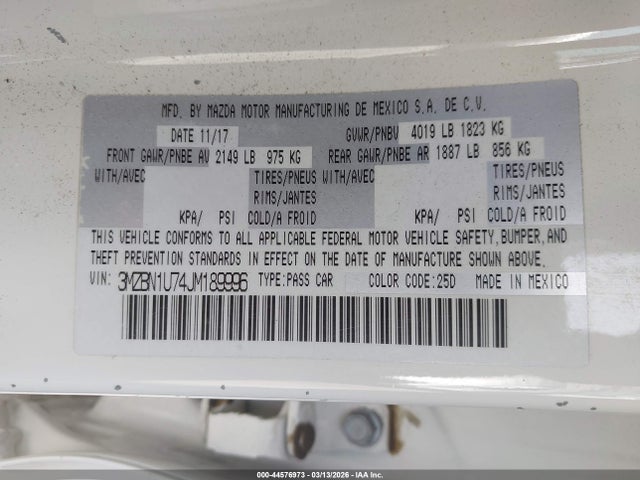 3MZBN1U74JM189996 Mazda Mazda3 Sport