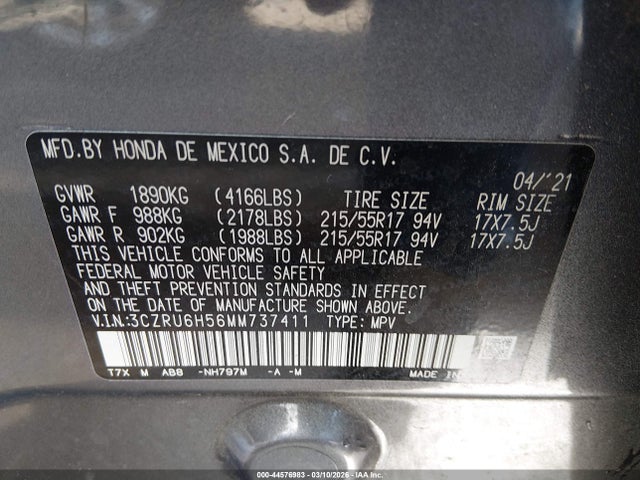 Aukcja sprzedaży 2021 Honda Hr-v Awd Ex, vin: 3CZRU6H56MM737411, numer aukcji: 44576983