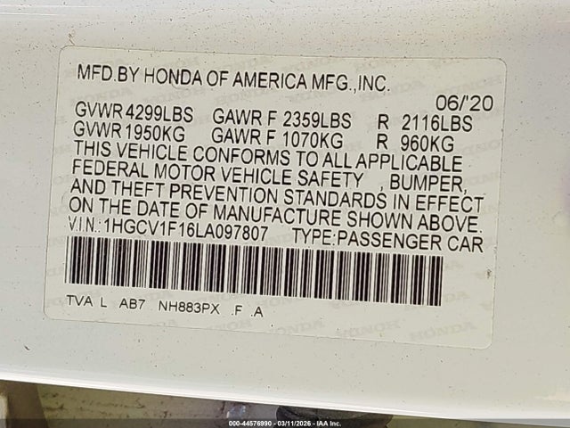 Honda ACCORD LX 2020 1HGCV1F16LA097807 Image 9