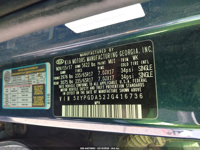 2018 Kia Sorento 3.3l Lx მანქანა იყიდება აუქციონზე, vin: 5XYPGDA52JG416736, აუქციონის ნომერი: 44576993