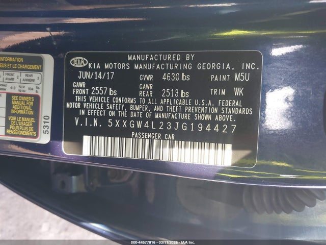 44577016 :رقم المزاد ، 5XXGW4L23JG194427 vin ، 2018 Kia Optima Sx Turbo مزاد بيع