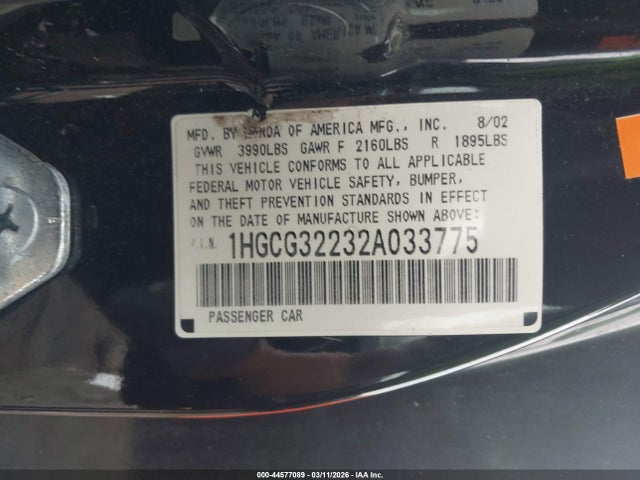 2002 Honda Accord 2.3 Se მანქანა იყიდება აუქციონზე, vin: 1HGCG32232A033775, აუქციონის ნომერი: 44577089