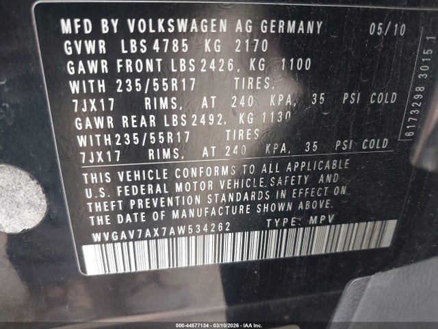 2010 Volkswagen Tiguan S/se/sel/wolfsburg Edition მანქანა იყიდება აუქციონზე, vin: WVGAV7AX7AW534262, აუქციონის ნომერი: 44577134