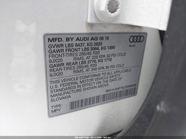 Продаж на аукціоні авто 2018 Audi Q7 2.0t Premium, vin: WA1LHAF75JD045035, номер лоту: 44577138